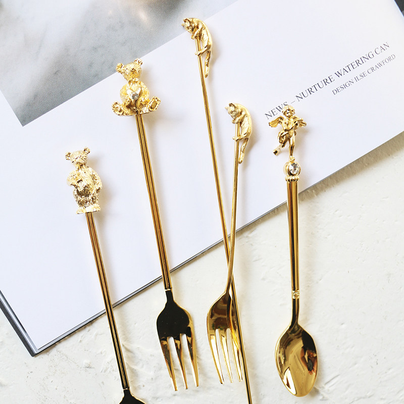 MY家 - 日本 Elfin 高桑金属 泰迪熊/猫咪 咖啡勺/甜品叉/搅拌棒