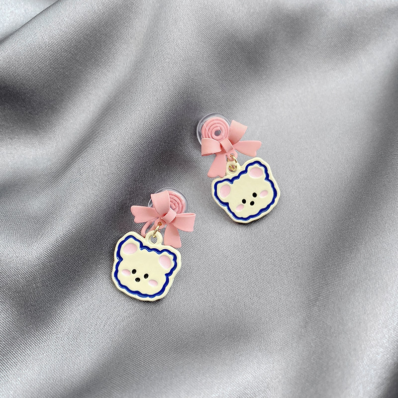 可爱粉色蝴蝶结耳钉趣味卡通小熊耳环小清新耳饰蚊香盘无耳洞耳夹