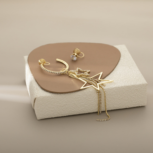不对称镶钻五角星流苏耳钉夸张精致个性高级感日韩蚊香盘无洞耳夹