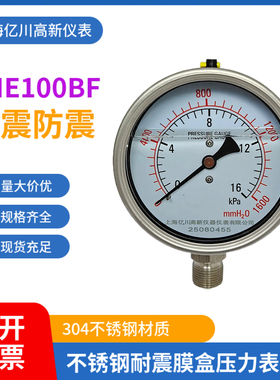 不锈钢耐震膜盒压力表YNE100BF耐高温微压表沼气燃气表抗震千帕表