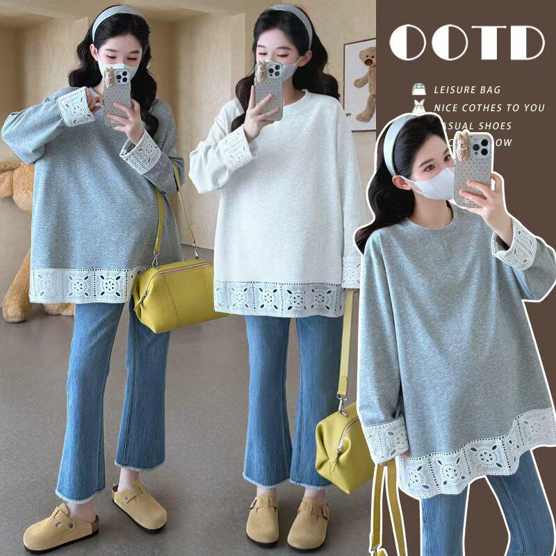 大码孕妇卫衣2025春秋季新款韩版长袖T恤蕾丝拼接打底衫上衣200斤