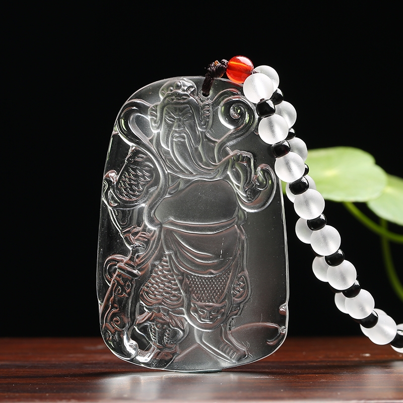 白水晶关公吊坠男士霸气款黄水晶挂件开运关二爷武财神关羽项链