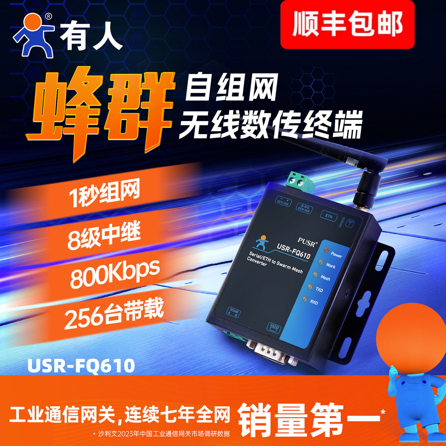 有人蜂群自组网无线客户端中继串口服务器LoRa以太网络转换FQ610