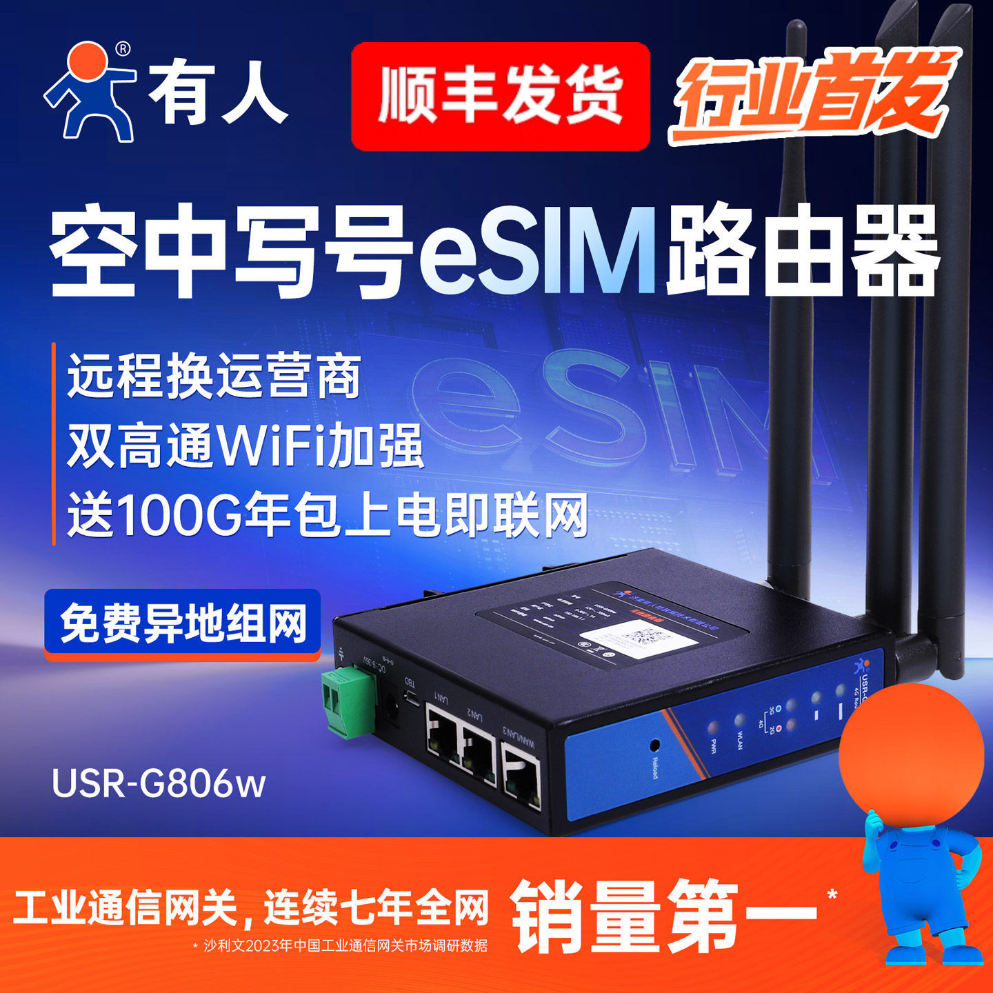 有人空中写号eSIM工业路由器免费异地组网双高通无线wifi多网口lte全网通4g转有线PLC远程运维远程监控G806w