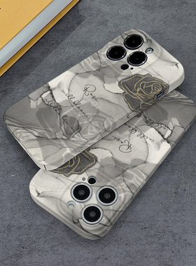 灰色水墨玫瑰适用iPhone13ProMax菲林磨砂手机壳14Pro硬壳苹果12Pro保护套个性创意简约新款iPhone11男女款