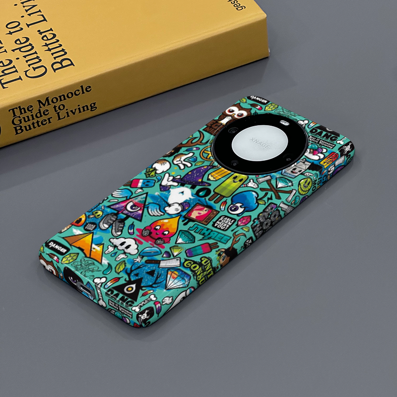 绿色涂鸦 适用于华为Mate60Pro手机壳全包边菲林亮面硬壳Mate60塑料防摔个性创意新款简约时尚小众男女款