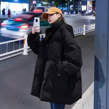 反季2024冬季学生面包中长款韩版宽松加厚时尚保暖连帽羽绒棉服女