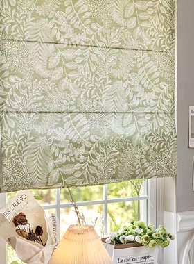 美式乡村绿色田园印花棉麻罗马帘升降帘餐厅书房飘窗帘小窗户卷帘