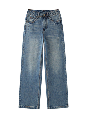 3831靛蓝色女款秋季新款高腰直筒牛仔裤长裤百搭潮流韩系风学院风