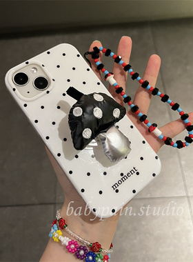 babypain 韩国ins小众设计款黑色蘑菇支架适用iPhone14promax手机壳苹果15pro黑波点软壳13pro情侣保护套1211