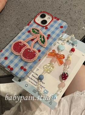 babypain 韩国ins小众清新蓝色格子樱桃适用iPhone16promax手机壳苹果15少女心保护套14复古时髦新款13pro12