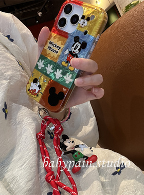 babypain ins风复古红色卡通撞色格纹适用iPhone17promax手机壳苹果16pro挂绳公仔保护套15pro情侣14pro新款