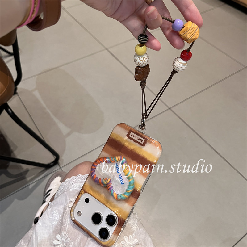 babypain ins秋冬黄棕色条纹适用iPhone17promax手机壳苹果16pro毛线爱心支架15pro链条防摔