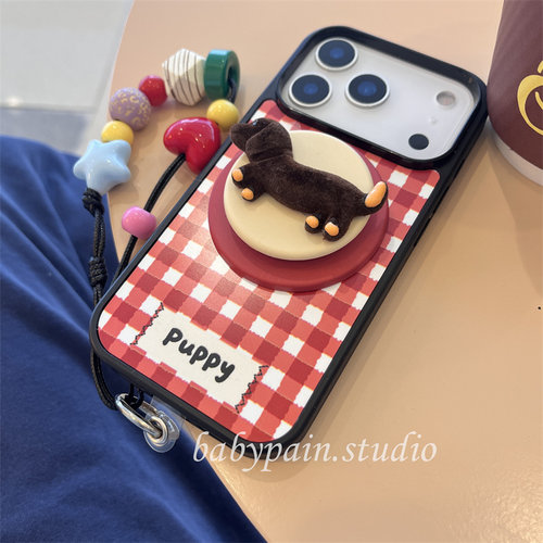 babypain ins复古红色格纹可爱腊肠狗磁吸支架适用iPhone17promax手机壳苹果16pro情侣15pro原创新款14pro13