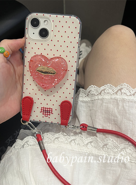 babypain ins风秋冬复古红色波点适用iPhone16promax手机壳苹果15爱心支架14pro挂绳防摔气质时髦13新款