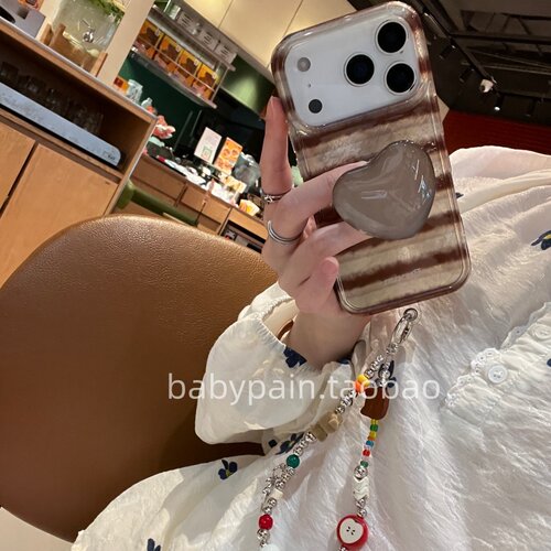 babypain 秋冬ins卡其棕色条纹适用iPhone17promax手机壳苹果16pro爱心星星支架15pro挂绳防摔新款18pro原创