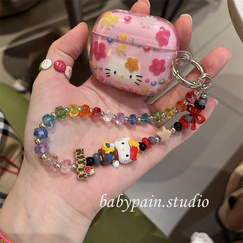 babypain ins玫粉色可爱花花猫咪插画适用AirPodspro3耳机壳AirPods4硅胶耳机套pro2闪钻链条防摔AirPods5女
