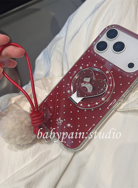 babypain新年ins风复古红色波点可爱小马磁吸支架适用iPhone17promax手机壳苹果16pro挂绳15pro新款14pro新款