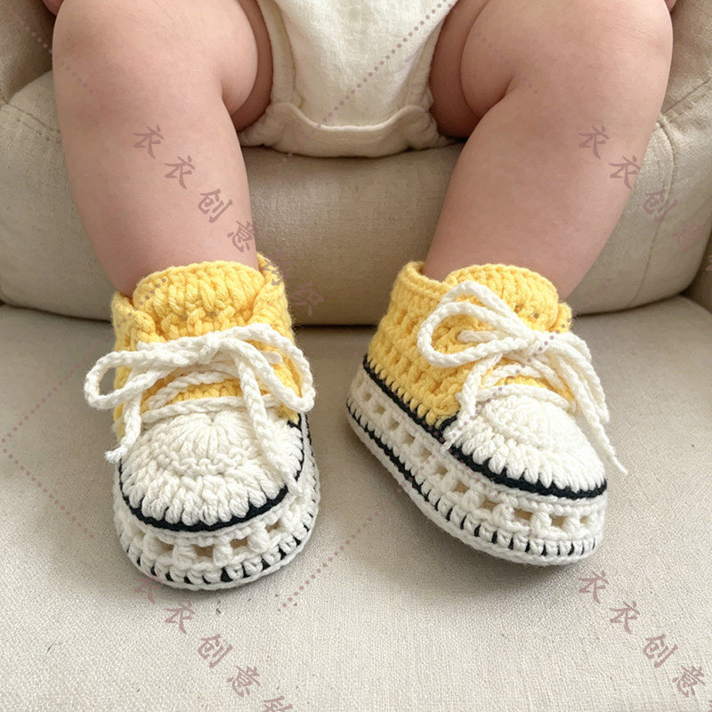 婴儿毛线鞋手工编织宝宝鞋成品婴儿软底学步鞋新生儿系带球鞋春夏