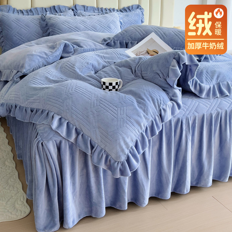 冬季加厚牛奶绒夹棉床裙款四件套双面加绒法兰珊瑚绒被套床上用品,床上用品,床品套件/四件套/多件套,淘宝优惠券,粉丝福利购,淘宝优惠卷