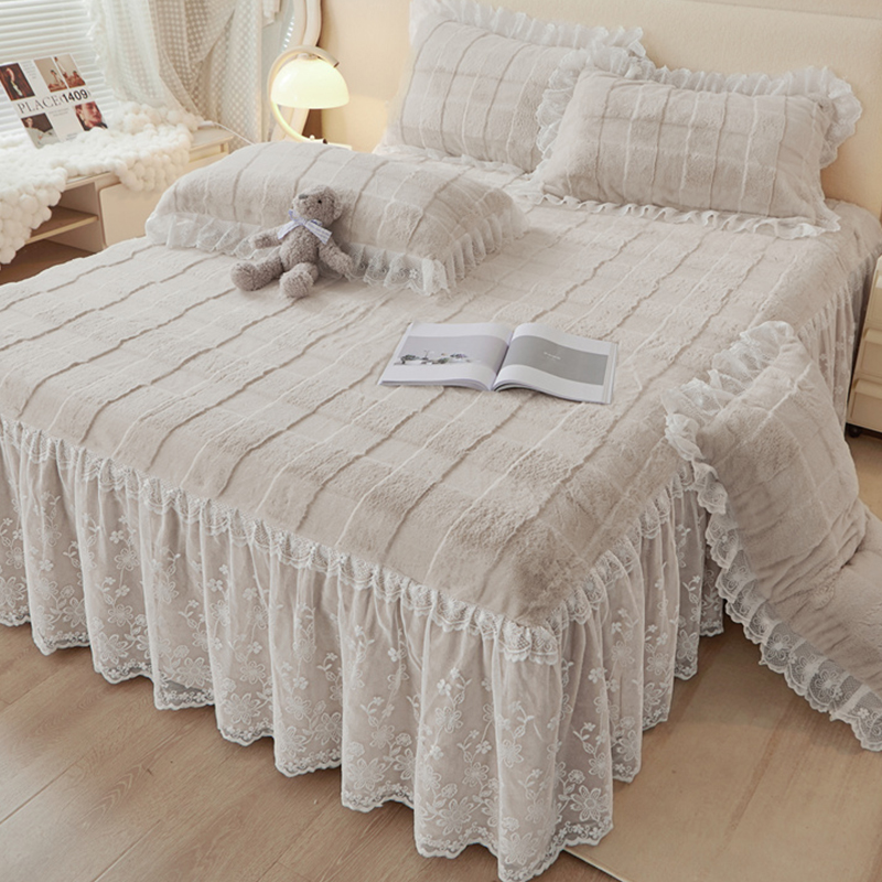 韩式牛奶绒床裙床罩单件兔兔绒加绒蕾丝花边床单床围裙床套三件套