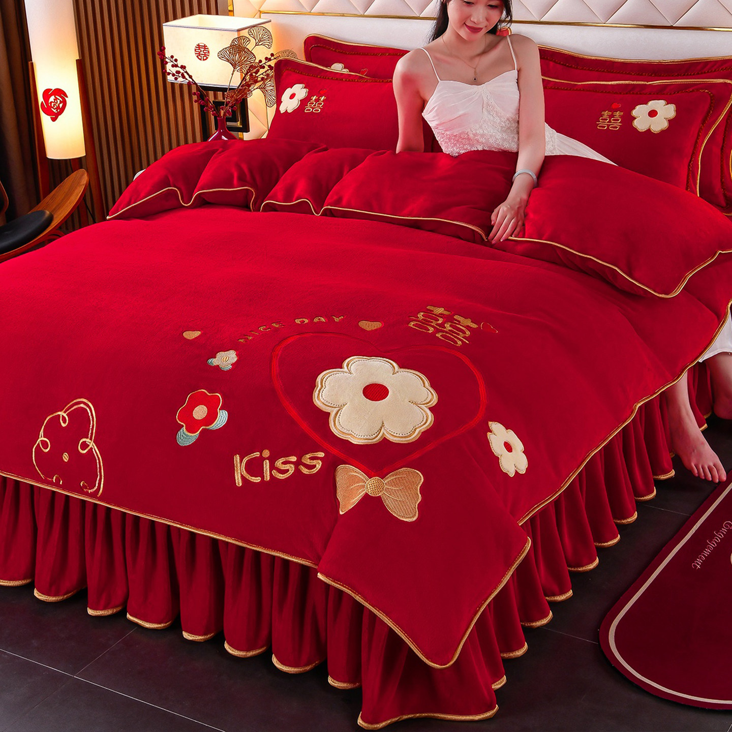 冬季牛奶绒结婚四件套大红色加厚加绒珊瑚绒床单被套婚庆喜被床品