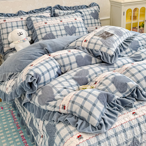 加厚牛奶绒夹棉床盖四件套新款冬季加绒珊瑚绒花边被套法兰绒床品