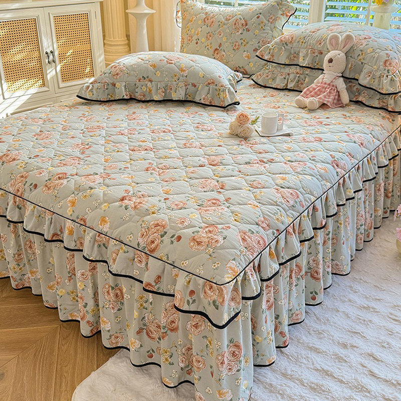 公主风夹棉加厚床裙单件水洗棉韩式被套罩床罩三四件套花边床垫套