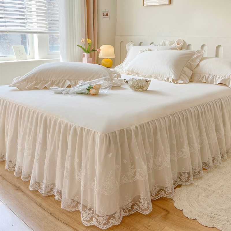公主风纯色全棉水洗棉床裙三件套纯棉单件防尘床罩床套可固定防滑