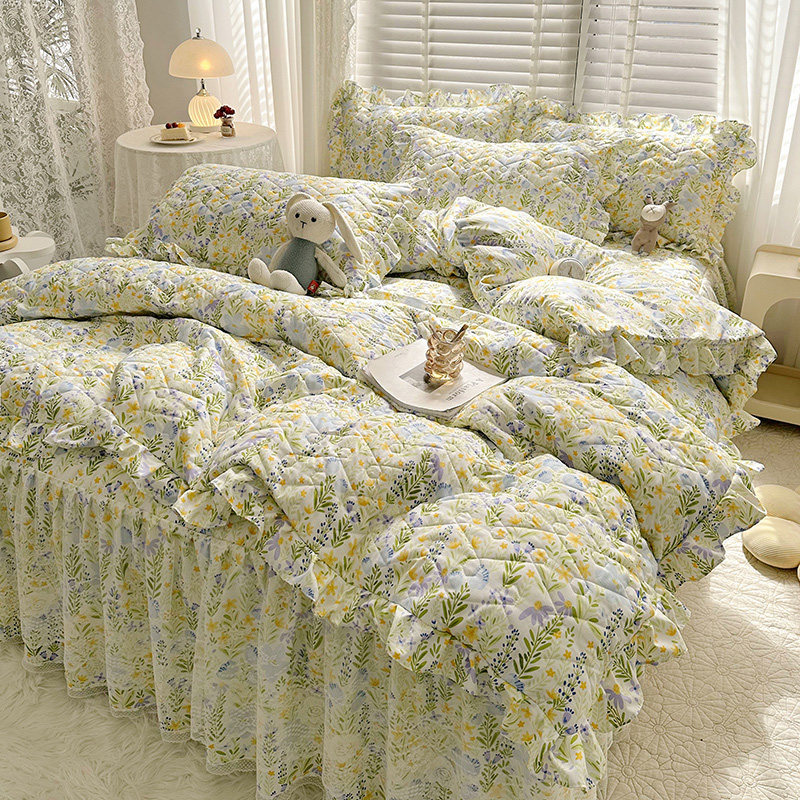 韩版田园公主风夹棉床裙四件套荷叶花边被套春秋四季通用床上用品