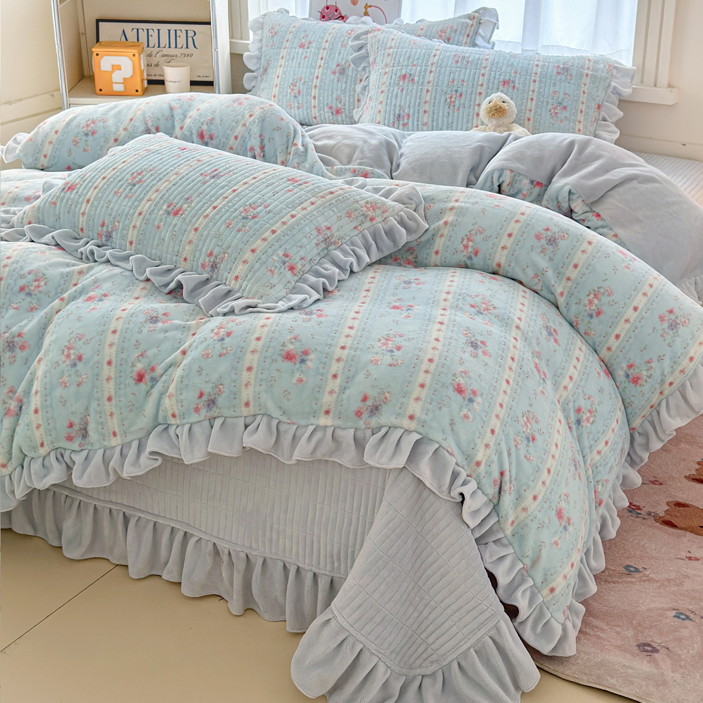 法式花边牛奶绒四件套床盖款冬季加厚法兰绒珊瑚绒毛被套夹棉床单