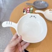 韩国ins猫咪陶瓷带把手柄盘子家用餐盘手持碟嗦粉火锅焗饭零食碗