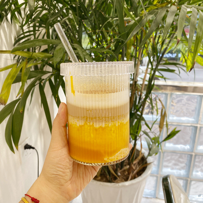 ins简约竖纹玻璃水杯吸管果汁