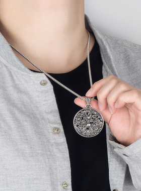 925银银盒子链男项链复古龙牌