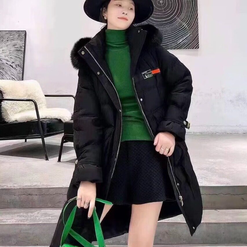 高品质冬季保暖长款90白鸭绒羽绒服奢华毛领连帽外套大衣