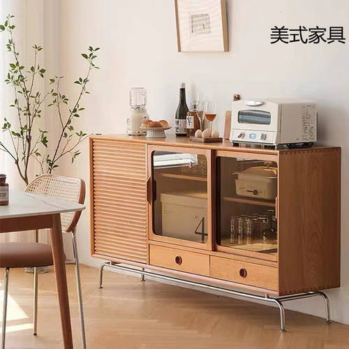 北欧实木餐边柜复古创意玄关柜客厅储物柜推拉门收纳柜中古展示柜