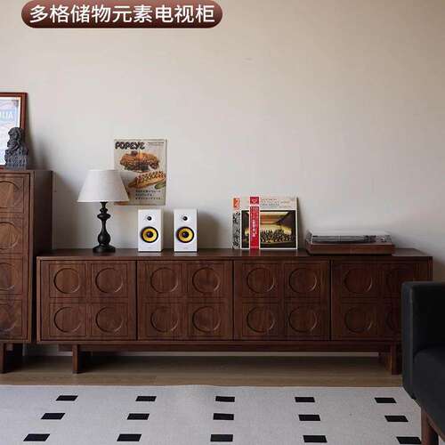 全实木电视柜北美黑胡桃木厅柜法式客厅复古原木地柜中古现代简约