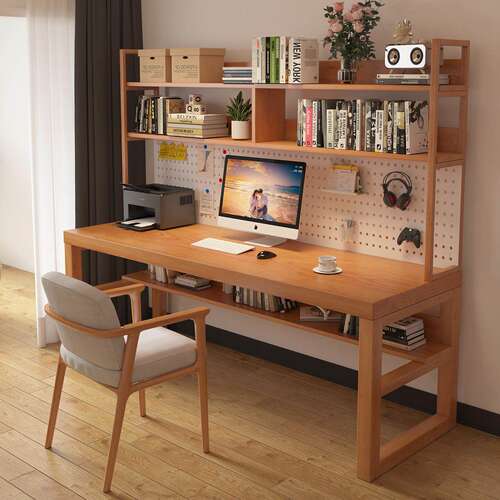 全实木书桌书架一体靠墙写字小户型学生家用洞洞板电脑学习桌书柜