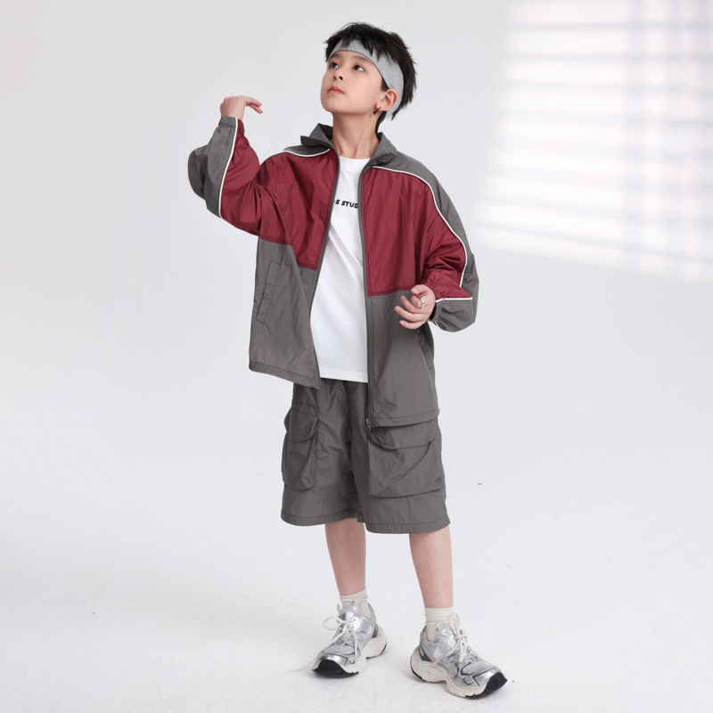 男童夏装撞色户外长袖防晒套装2025新款青少年儿童夏季运动薄衣服