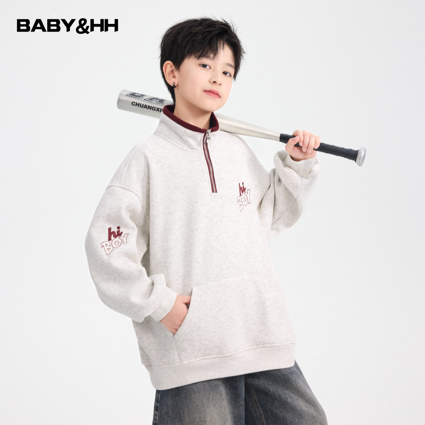 男童冬装韩范撞色加绒半开衫卫衣2026新款中学生儿童加厚运动上衣