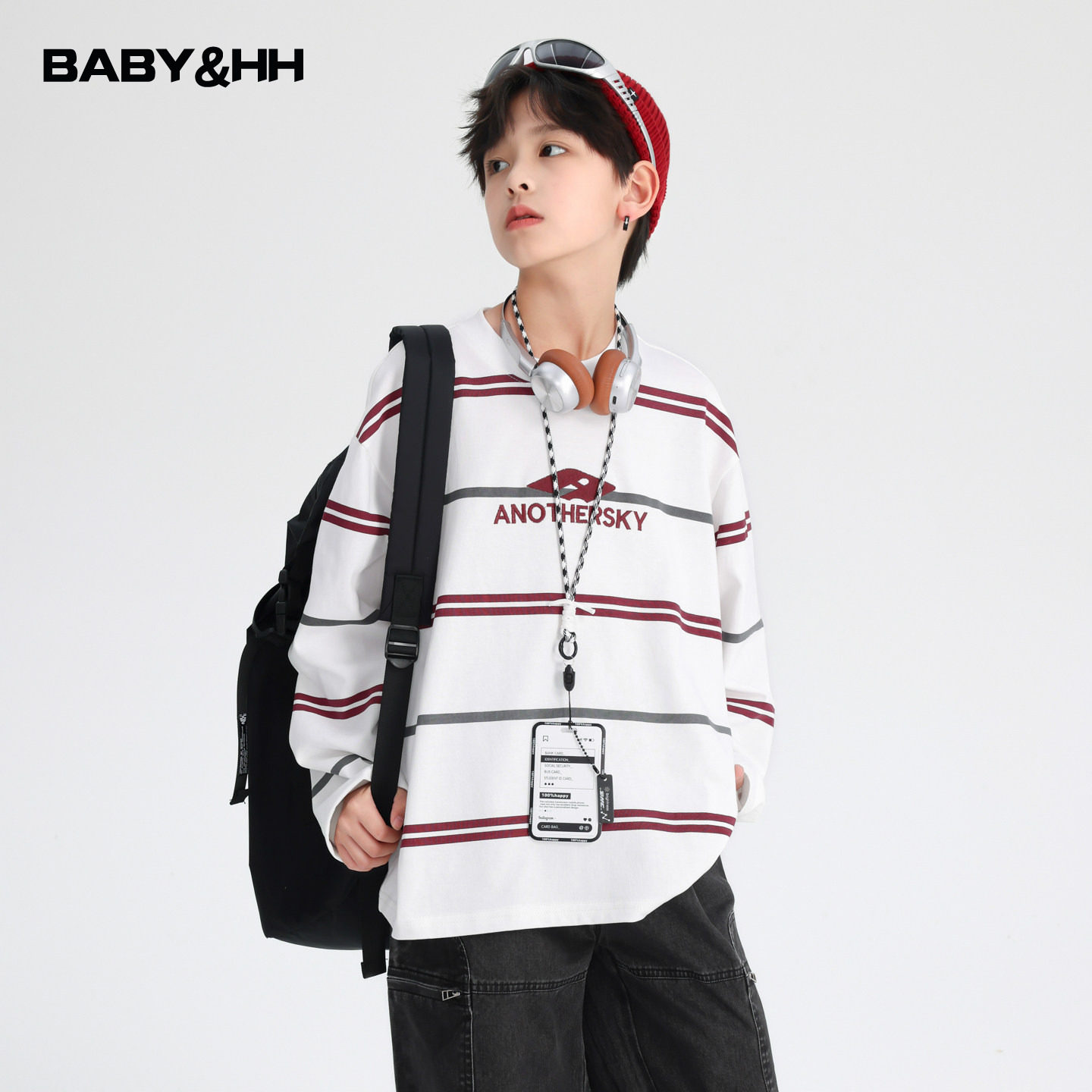 男童秋装运动条纹长袖白t恤2025新款儿童男孩学院风纯棉打底上衣