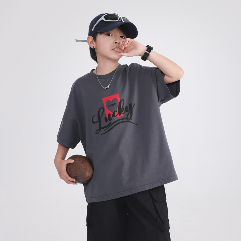 男童夏装痞帅纯棉短袖T恤2025新款青少年儿童夏季运动宽松薄上衣