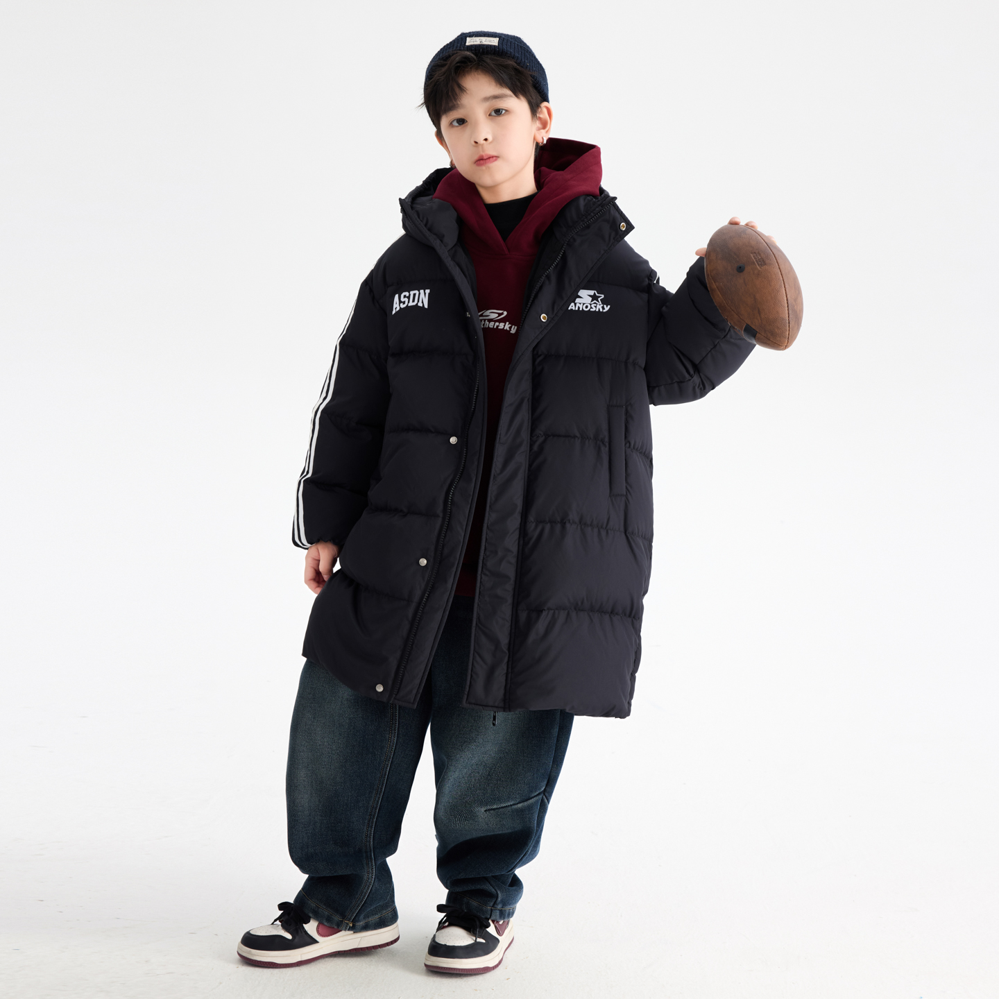 90白鸭绒学院风中长款面包羽绒服