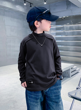 男大童秋冬黑色半高领打底衫2025新款儿童冬季长袖内搭加厚T恤潮