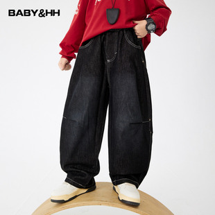 男童秋冬季黑色加绒阔腿牛仔裤2026新款学生儿童保暖直筒宽松裤子