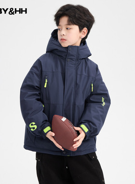 男童冬季撞色连帽冲锋衣羽绒服2025新款儿童加厚防水防寒免洗外套