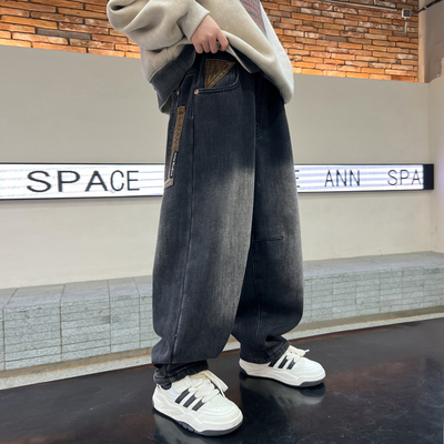 男童冬季渐变加绒宽松直筒牛仔裤