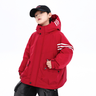 男童冬装红色冲锋衣工装羽绒服2025新款儿童男孩冬季加厚防寒外套
