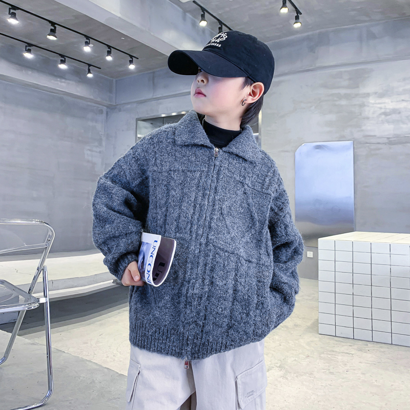 男童秋冬翻领加厚针织毛衣外套潮
