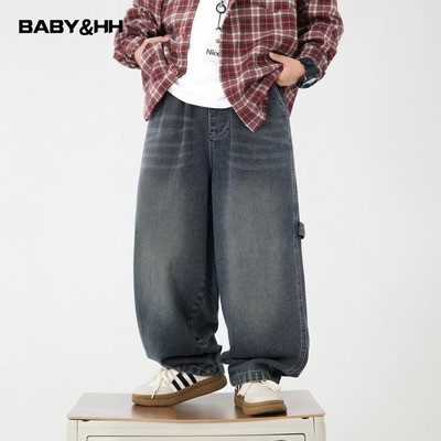 韩范一体绒直筒阔腿工装牛仔裤潮